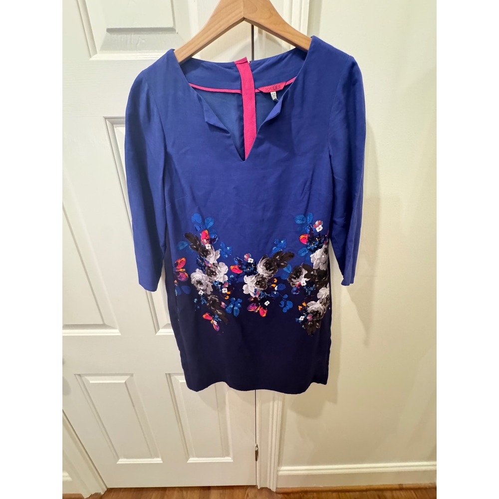 Joules Blue Floral Border Print Shift Dress V-Neck 3/4 Sleeve Pink Zip‎ Womens 6
